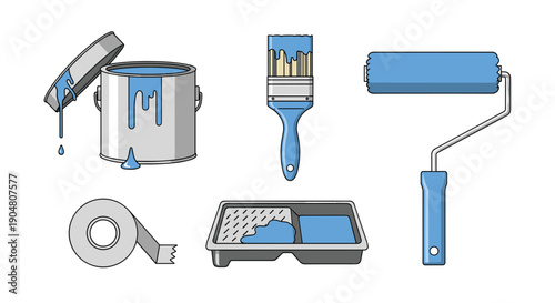 A comprehensive collection of blue painting tools including a dripping paint can, brushes, rollers, a tray, and masking