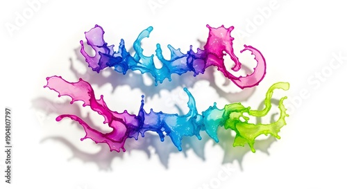 Two vibrant, abstract liquid splash forms in a rainbow gradient, casting shadows on a white background, creating a dynamic and fluid visual.