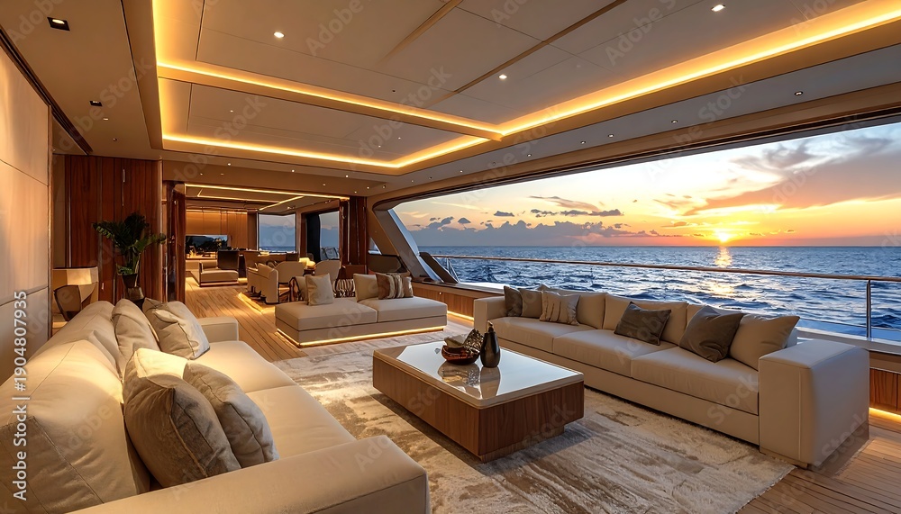 Fototapeta premium Luxurious Yacht Interior with Ocean Sunset View.
