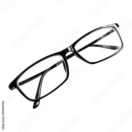 Black and white halftone illustration of eyeglasses isolated on white background, minimal abstract concept of vision, eyesight correction, optics and modern eyewear design.