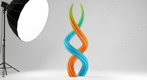 A colorful abstract intertwined sculpture resembling a double helix stands in a professional photo studio with a softbox.