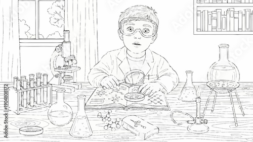 Young boy in lab coat wearing glasses looking at a book with magnifying glass.