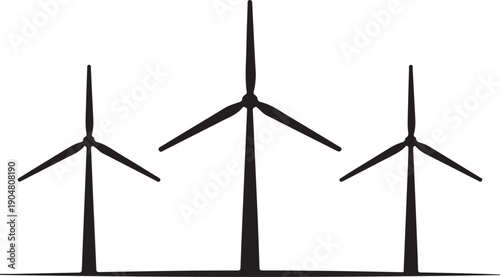 Three distinct black silhouette wind turbines standing tall on a clear white background