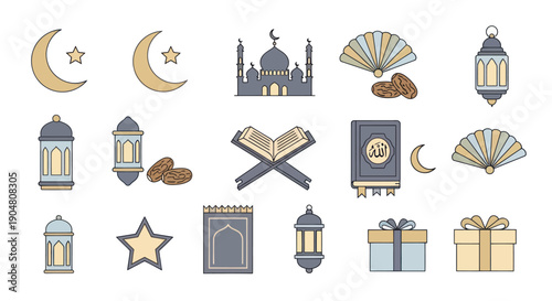 Ramadan Icons Collection: Crescent Moon, Mosque, Lanterns, Quran, Prayer Mat, Dates, Gifts