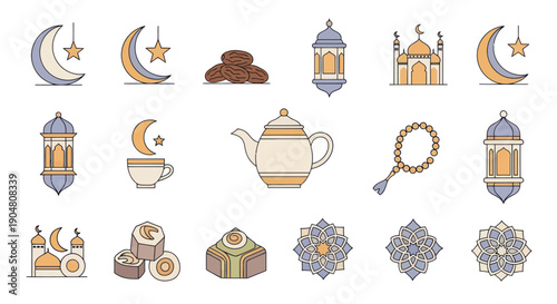 Ramadan Icons Set: Crescent Moon, Lanterns, Mosque, Dates, Sweets, Tea, Prayer Beads