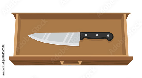 A robust, gleaming chef's knife featuring a large, reflective blade and black ergonomic handle, securely positioned