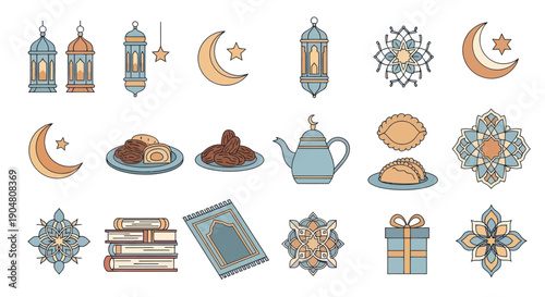 Ramadan Icons Set: Lanterns, Moon, Dates, Prayer Mat, Books, Gift, Tea Pot, Mandalas