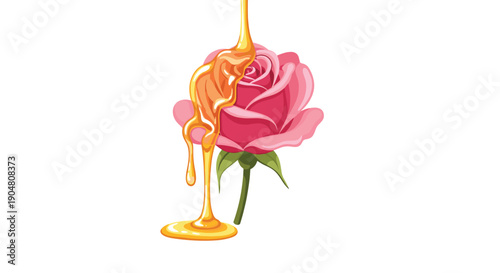 A thick stream of golden, shimmering honey pouring generously onto a vibrant pink rose, evoking themes of natural