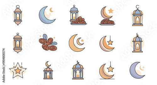 Ramadan Icons: Crescent Moon, Lanterns, Dates, Stars - Islamic Symbols Collection