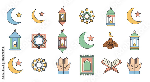 Ramadan Islamic Icons Set: Moon, Star, Lantern, Quran, Prayer Mat, Dates, Hands