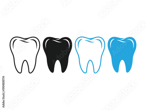 Dental care concepts: outline, solid black, outline blue, and solid blue tooth icons