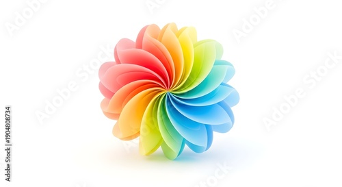 A vibrant 3D rendered abstract spiral shape with rainbow colors on a clean white background, showcasing a smooth gradient.