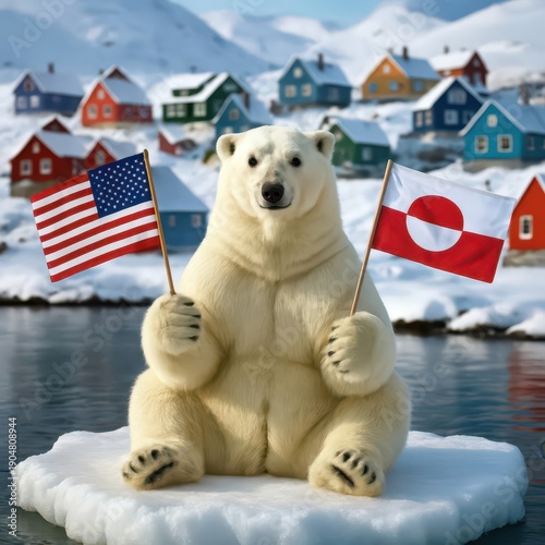 A polar bear perches on a small ice floe, proudly holding the flags of the United States and Greenland, with vibrant houses dotting the snowy background