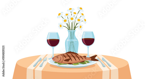 Elegant and inviting dining table setting featuring a perfectly grilled fish on a plate, two wine glasses, and a