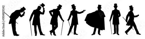 Collection of black silhouettes depicting nineteenth century gentlemen in formal attire including top hats capes and walking sticks in various poses