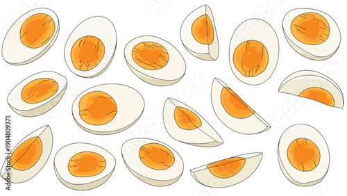 Collection of sliced boiled eggs showing bright orange yolks on a white background, perfect for food and cooking themes.
