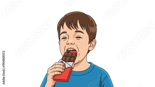 Young boy wearing a blue shirt enjoys eating a chocolate bar with a joyful expression, depicted in a clean cartoon style.