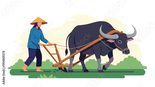 Traditional farmer wearing a conical hat plows a green field with a water buffalo in a peaceful rural landscape scene.