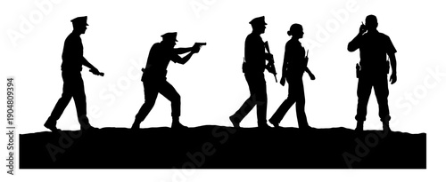 Collection of black silhouettes showing law enforcement officers in various action poses including aiming a gun and using a radio