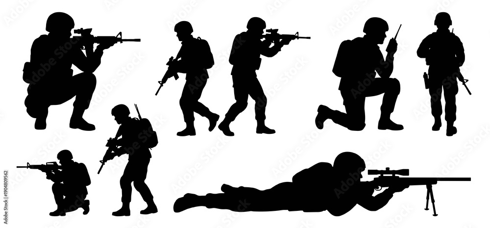 Fototapeta premium Collection of black military silhouettes showing armed soldiers in various poses including kneeling standing walking and prone sniper positions for tactical design