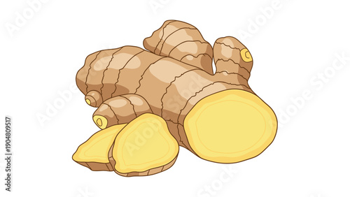 Fresh ginger root and yellow slices are presented on a white background, highlighting its natural texture and color.
