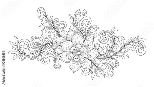 Elegant black and white floral ornament featuring a central flower surrounded by intricate swirling leaves and vines.