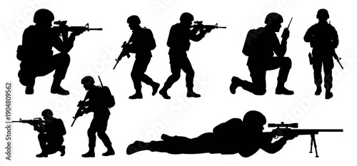 Collection of black military silhouettes showing armed soldiers in various poses including kneeling standing walking and prone sniper positions for tactical design