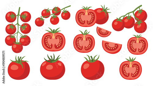 Assortment of red cherry tomatoes on the vine and sliced halves, providing a fresh and healthy look for culinary designs.