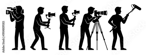 Professional film production crew silhouettes featuring camera operators using gimbals tripods and shoulder mounts with a sound technician holding microphone