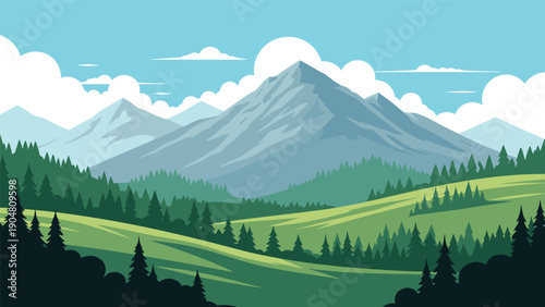 Beautiful mountain landscape with green pine forests and rolling meadows under a blue sky filled with soft white clouds.