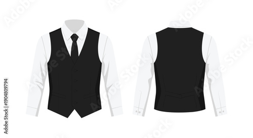 Sophisticated men's formal attire featuring a black waistcoat, crisp white shirt, and elegant tie, depicted with front