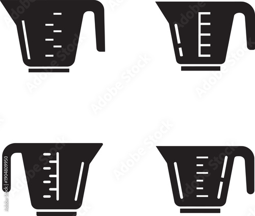 Four black measuring cups with handles and markings in silhouette style