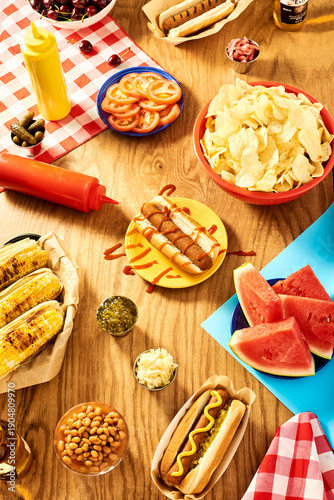 Фотография Backyard Barbecue Feast with Hot Dogs, Snacks, and Fresh Watermelon