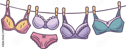 Female panties and bra hanging on rope. Lingerie on clothesline, isolated underwear, panty and bras for women. Decent vector fashion elements