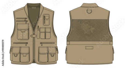 Versatile beige outdoor vest with extensive multi-pockets and a breathable mesh back panel, presented in detailed front