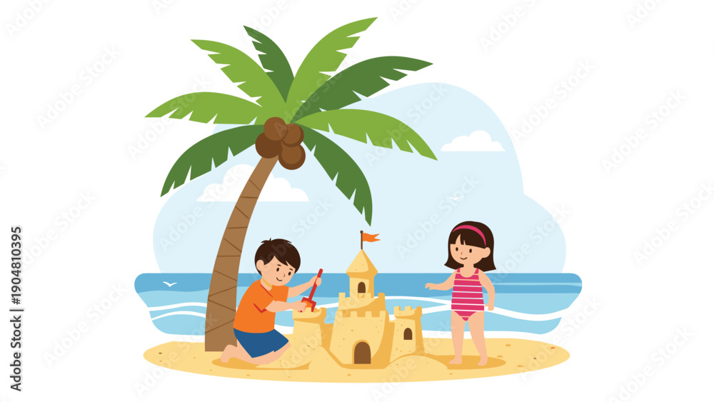 Fototapeta premium Young children playing in the sand and building a large sandcastle on a sunny tropical beach with palm trees and ocean.
