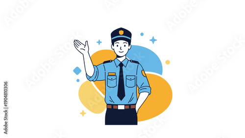 Friendly security guard or police officer in a blue uniform waves his hand against a colorful abstract background.