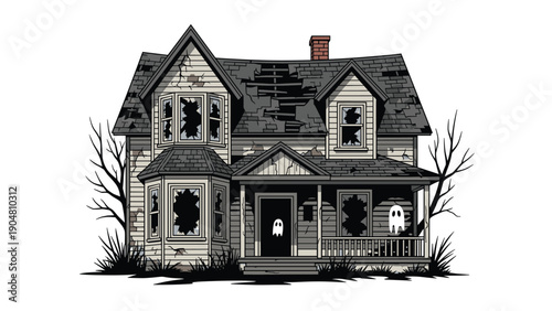 Spooky haunted house with broken windows and creepy ghosts floating around it, perfect for Halloween themed designs.