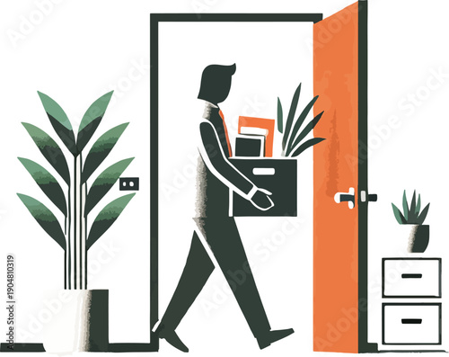 Businessman leaving office with belongings in a box Keywords: leaving, job, resignation, moving