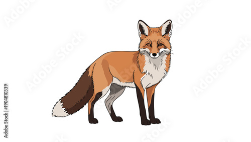 Beautiful red fox stands in a side profile view, showing its thick orange fur and bushy tail on a white background.