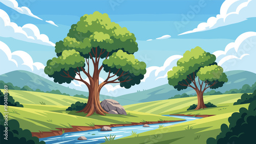 Peaceful park landscape featuring two large leafy trees, a small winding stream, and rolling green hills under a bright blue sky.