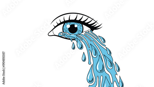 Stylized illustration of a blue eye with long eyelashes crying many large tears that flow down in a dramatic stream.