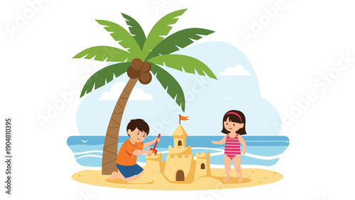Young children playing in the sand and building a large sandcastle on a sunny tropical beach with palm trees and ocean.