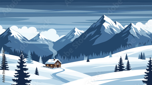 Picturesque winter landscape featuring a small wooden cabin nestled in the snow at the foot of tall blue mountains.