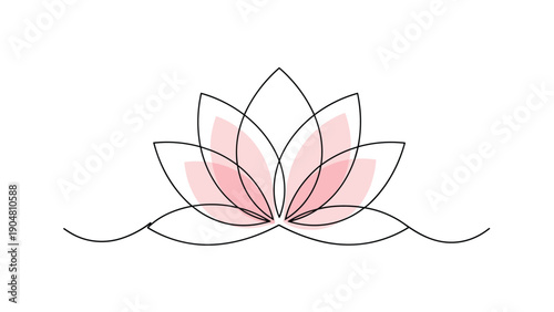 Elegant minimalist line drawing of a lotus flower with subtle pink petals blooming above a wavy horizontal line.