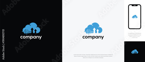 Cloud Storage Technology Logo Design with Home Icon and Upload Arrows for Digital Services.