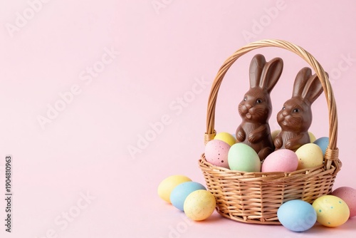Two chocolate bunnies in wicker basket with colorful pastel eggs on pink background, holiday food photography, easter bunny, easter egg, easter.