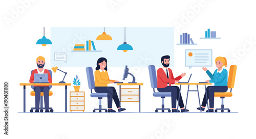 Busy open-plan office setting with diverse employees working independently and collaboratively at their modern desks.