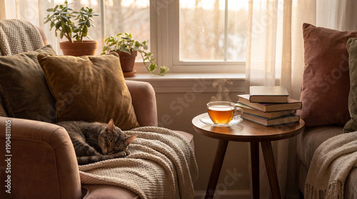 Cozy living room balanced lifestyle nutrition sleep calm morning tea by window with cat napping on armchair and stacked books