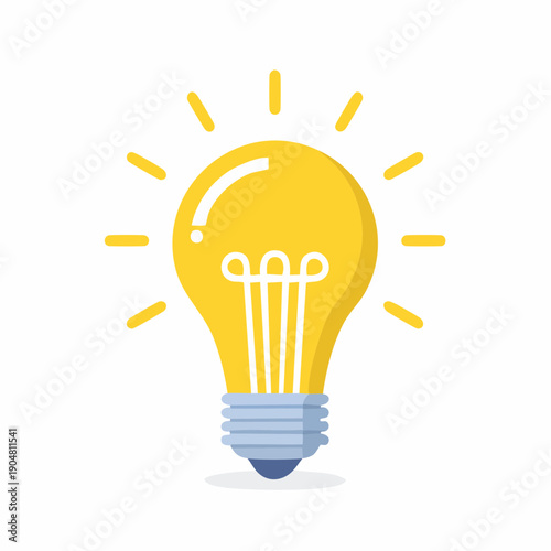 Yellow light bulb with glowing filament on white background